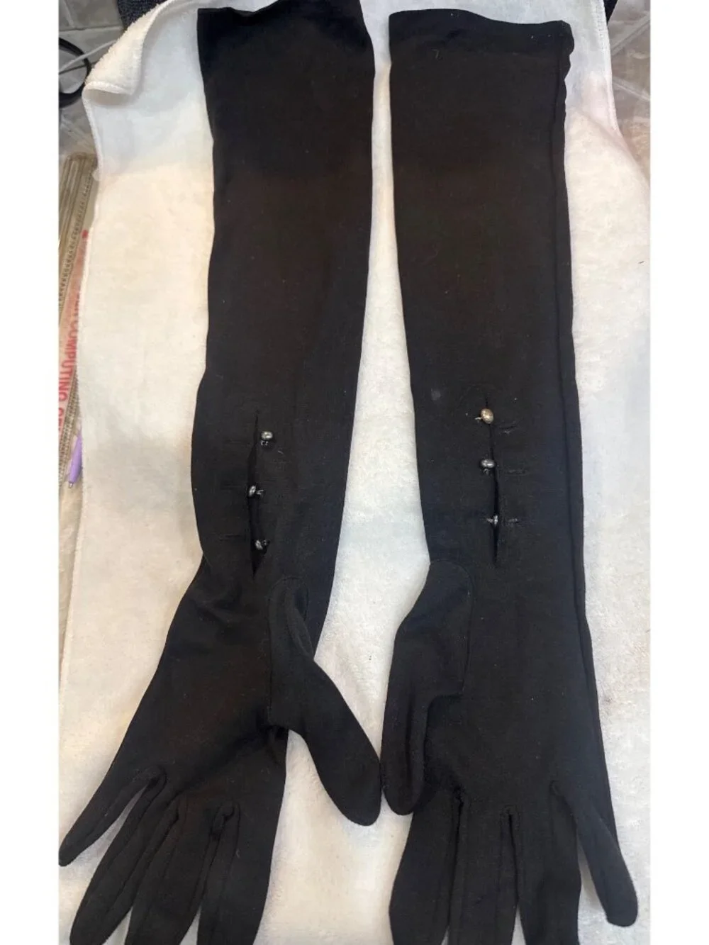 Mousquetaire pair of black opera-length evening gloves historic brand Fownes Bro